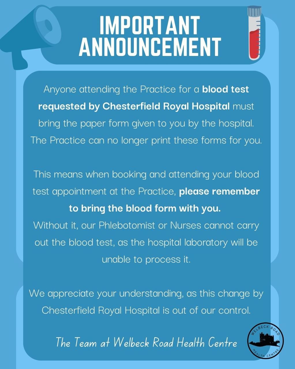 Blood Tests - Chesterfield Royal Changes December 2025